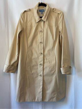 Women's Neutral Tan Knee Length Trench Coat MD Button Front Shoulder Epaulettes